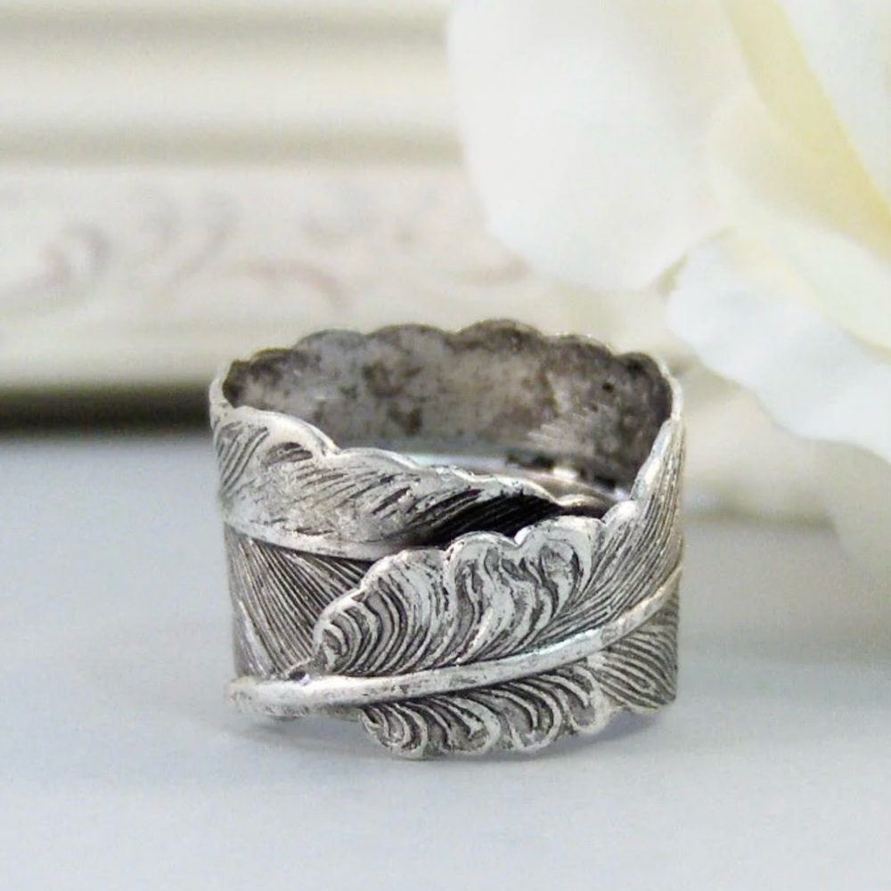 Feather Ring Bird Angel Vintage Antique Silver Gypsy Boho Antique Wedding